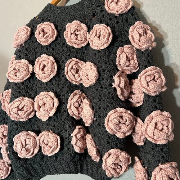 Handmade 3D Rose Bloom Chunky Crochet Jacket Luxe Statement Piece L-XL - Picture 7 of 7
